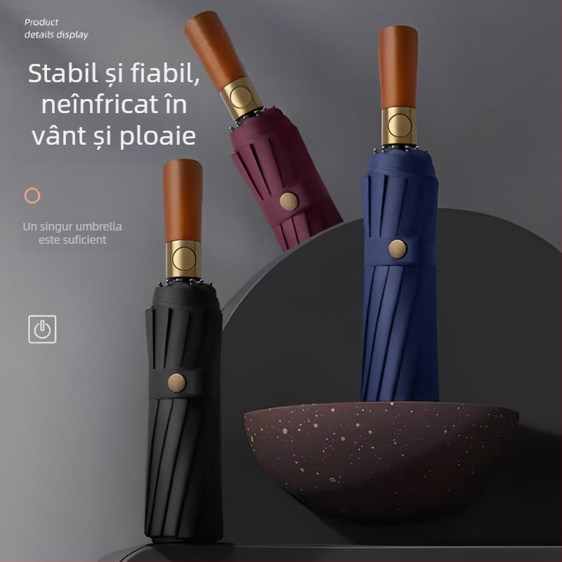 Umbrelă pliabilă tri-fold, mâner din lemn masiv, schelet din fibră cu 10 brațe, țesătură 210T, deschidere automată