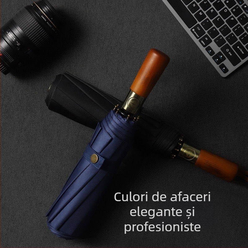 Umbrelă pliabilă tri-fold, mâner din lemn masiv, schelet din fibră cu 10 brațe, țesătură 210T, deschidere automată