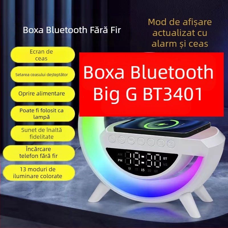 Difuzor Bluetooth, Bluetooth 5.3, baterie încorporată 1200–2000 mAh, 15W ieșire, încărcare fără fir și iluminare ambientală, răspuns în frecvență 100Hz–20kHz