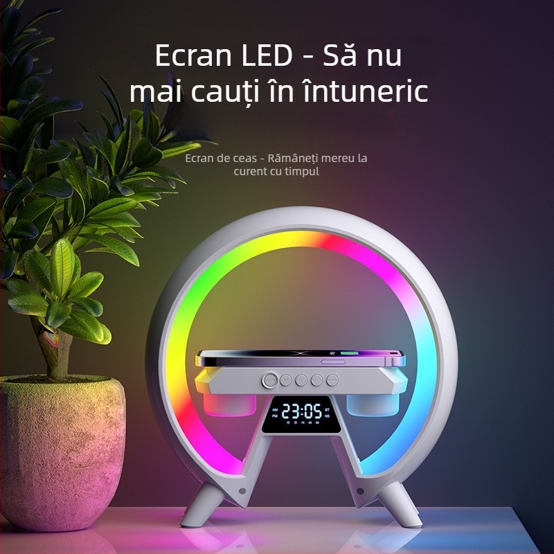 Difuzor Bluetooth, Bluetooth 5.3, baterie încorporată 1200–2000 mAh, 15W ieșire, încărcare fără fir și iluminare ambientală, răspuns în frecvență 100Hz–20kHz