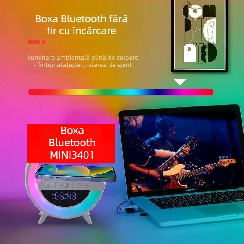 Difuzor Bluetooth, Bluetooth 5.3, baterie încorporată 1200–2000 mAh, 15W ieșire, încărcare fără fir și iluminare ambientală, răspuns în frecvență 100Hz–20kHz