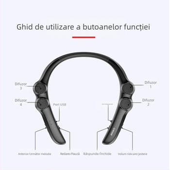Difuzor Bluetooth pentru gât cu 4 difuzoare, 100 Hz–20 kHz, IPX4 rezistent la apă, rază de acțiune până la 15 m, Bluetooth 5.0