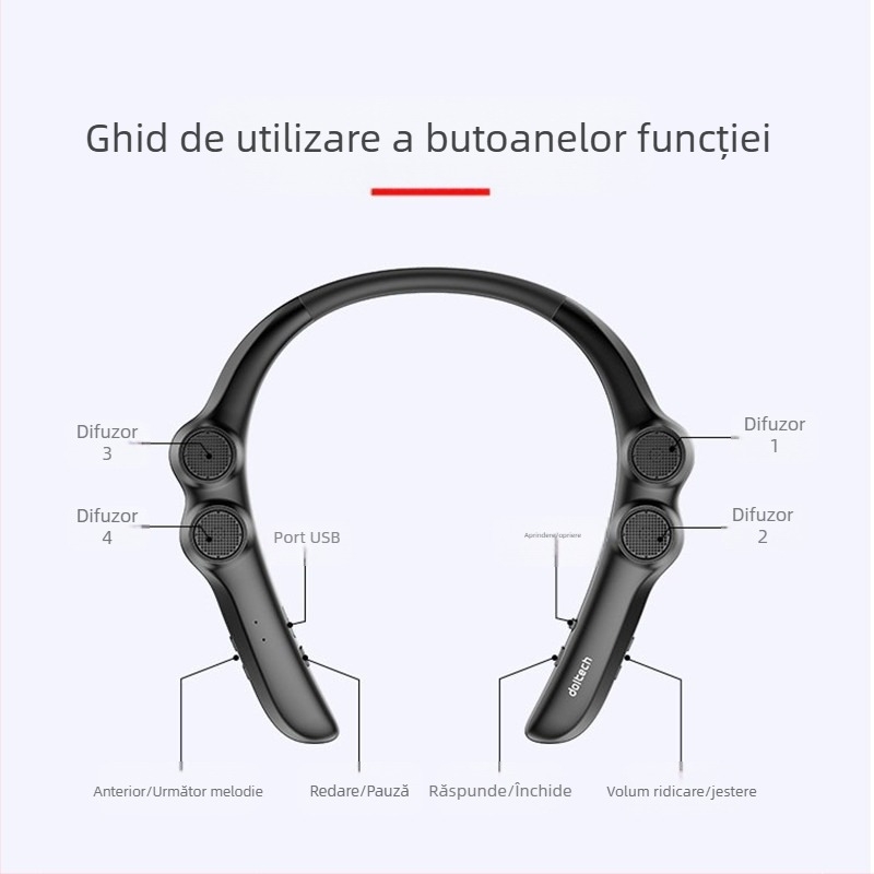 Difuzor Bluetooth pentru gât cu 4 difuzoare, 100 Hz–20 kHz, IPX4 rezistent la apă, rază de acțiune până la 15 m, Bluetooth 5.0