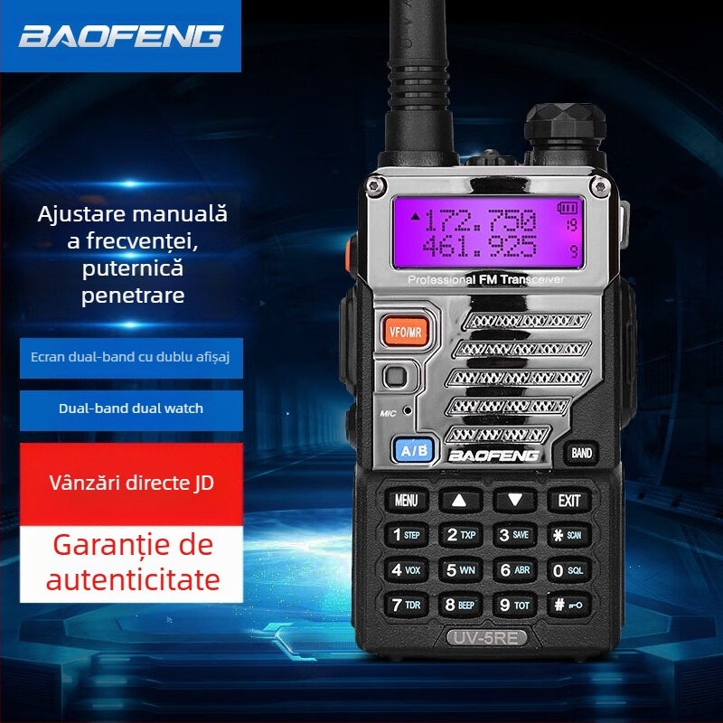 Baofeng UV-5R BF-5RH/M walkie-talkie cu display, frecvențe 136-174/400-520 MHz, 5W, 128 canale, rază 1,5-3 km
