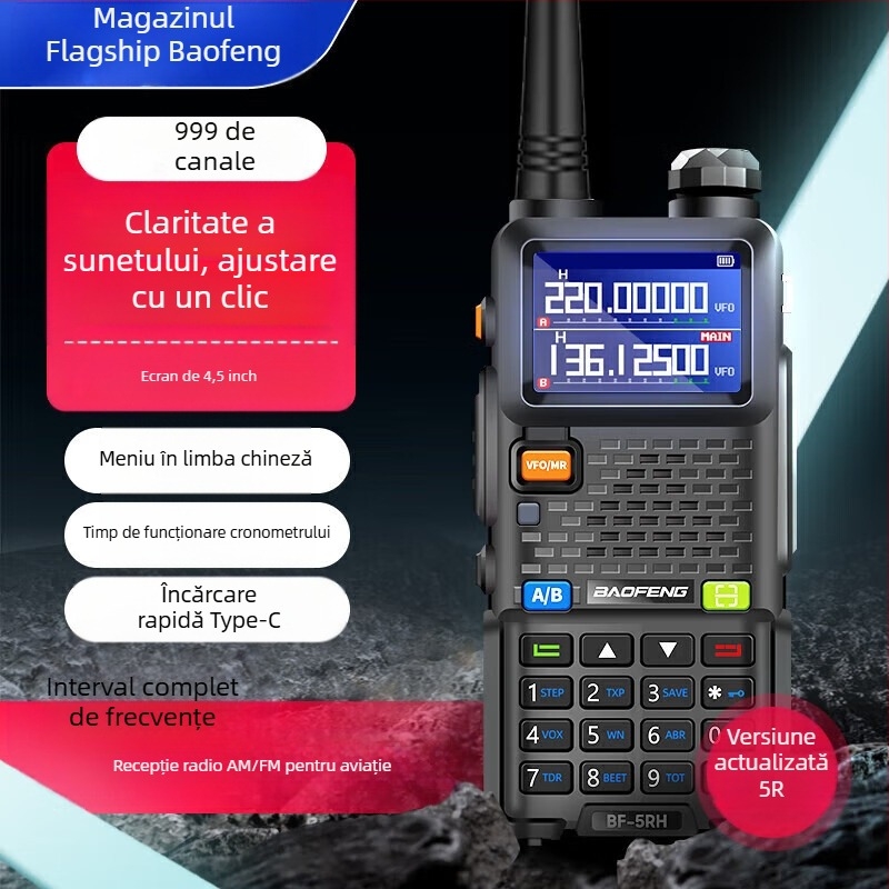 Baofeng UV-5R BF-5RH/M walkie-talkie cu display, frecvențe 136-174/400-520 MHz, 5W, 128 canale, rază 1,5-3 km