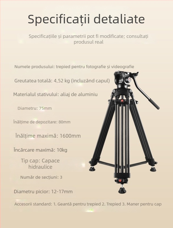 Lovozzen LDV-E01 Trepied pentru fotografie de nuntă cu PTZ hidraulic, aliaj de aluminiu, 3 secțiuni, sarcină 10 kg, înălțime 180 cm, placă cu eliberare rapidă inclusă