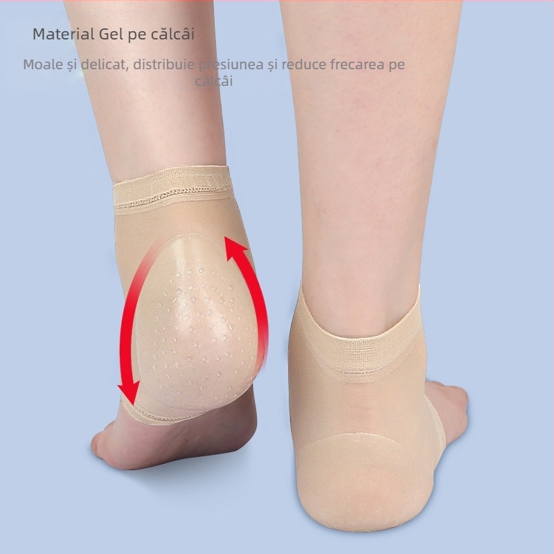Șosete cu gel la calcai pentru femei – moi, prietenoase cu pielea, respirabile, nylon 70–80%, anti-derapare, cilindru scurt