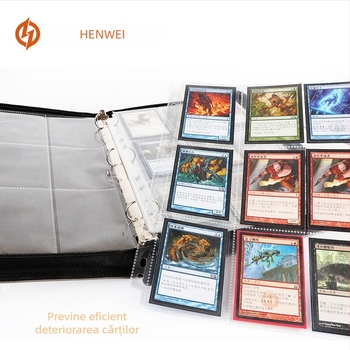 Pagină transparentă pentru album cu 9 celule și 11 găuri; față dublă, material PP, Henwei; compatibilă cu Yu-Gi-Oh TCG și cărți Pokémon