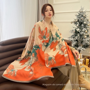 Șal din cașmir artificial, cald, amestec de bumbac, finisaj jacquard, stil minimalist elegant