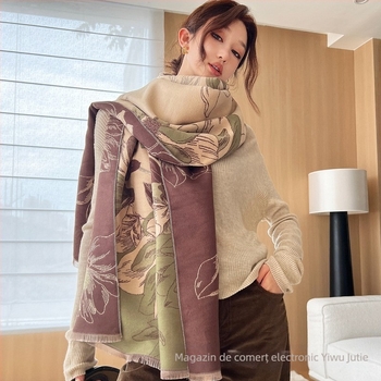 Șal din cașmir artificial, cald, amestec de bumbac, finisaj jacquard, stil minimalist elegant