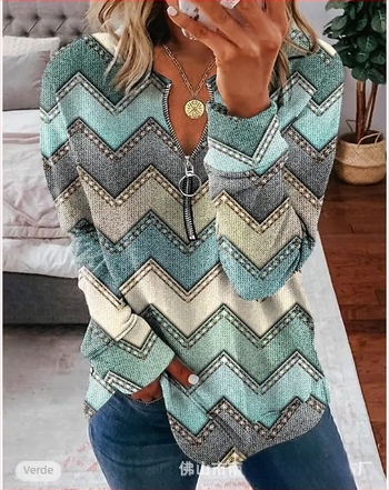 Top cu fermoar, mâneci lungi, imprimeu în dungi, guler Polo, croi lejer, poliester