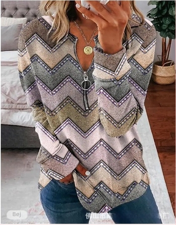 Top cu fermoar, mâneci lungi, imprimeu în dungi, guler Polo, croi lejer, poliester