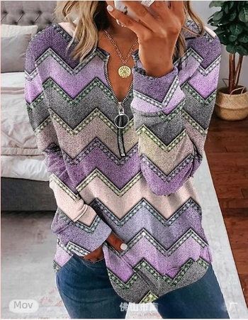 Top cu fermoar, mâneci lungi, imprimeu în dungi, guler Polo, croi lejer, poliester