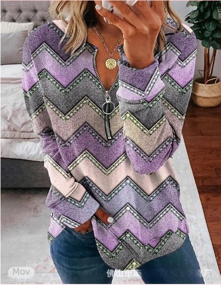 Top cu fermoar, mâneci lungi, imprimeu în dungi, guler Polo, croi lejer, poliester