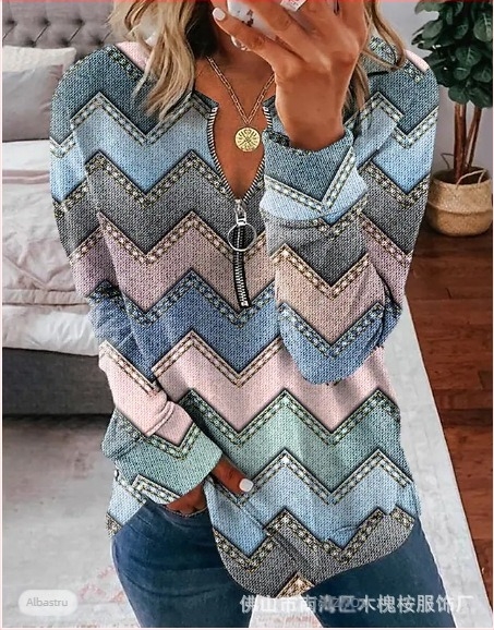 Top cu fermoar, mâneci lungi, imprimeu în dungi, guler Polo, croi lejer, poliester