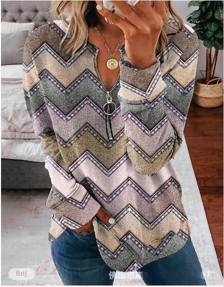 Top cu fermoar, mâneci lungi, imprimeu în dungi, guler Polo, croi lejer, poliester