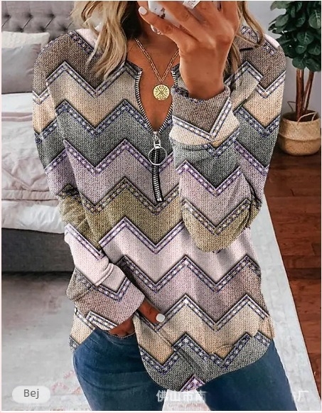 Top cu fermoar, mâneci lungi, imprimeu în dungi, guler Polo, croi lejer, poliester