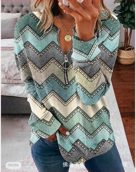 Top cu fermoar, mâneci lungi, imprimeu în dungi, guler Polo, croi lejer, poliester