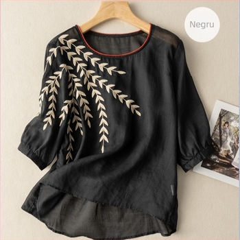 Tricou din bumbac și in, mâneci scurte, guler rotund, 50–70% conținut de bumbac, vară 2023, stil retro literar.