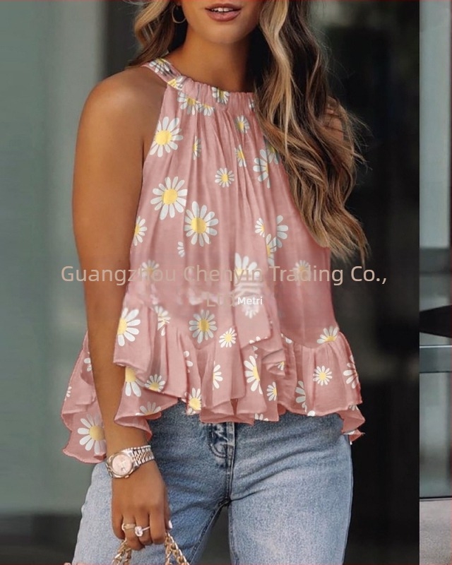 Tricou fără mâneci cu imprimeu, stil urban de relaxare, croială lejeră, lungime 50–65 cm