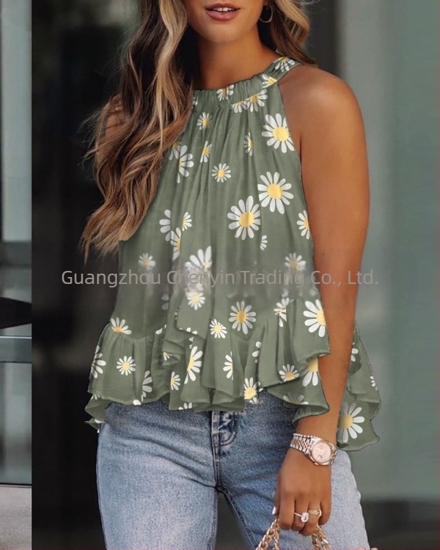 Tricou fără mâneci cu imprimeu, stil urban de relaxare, croială lejeră, lungime 50–65 cm