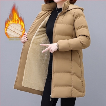 Paltonă damă cu umplutură din puf-bumbac, glugă detașabilă, lungime medie, țesătură poliester, fermoar