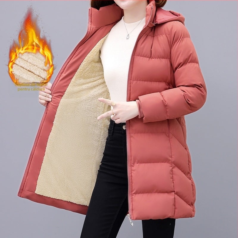 Paltonă damă cu umplutură din puf-bumbac, glugă detașabilă, lungime medie, țesătură poliester, fermoar