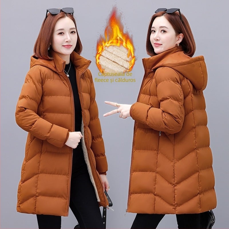Paltonă damă cu umplutură din puf-bumbac, glugă detașabilă, lungime medie, țesătură poliester, fermoar