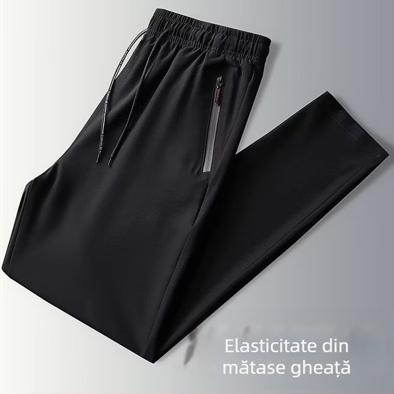 Pantaloni casual pentru bărbați din ice-silk, croi lejer, lungime cropped, talie medie, fermoar decorativ