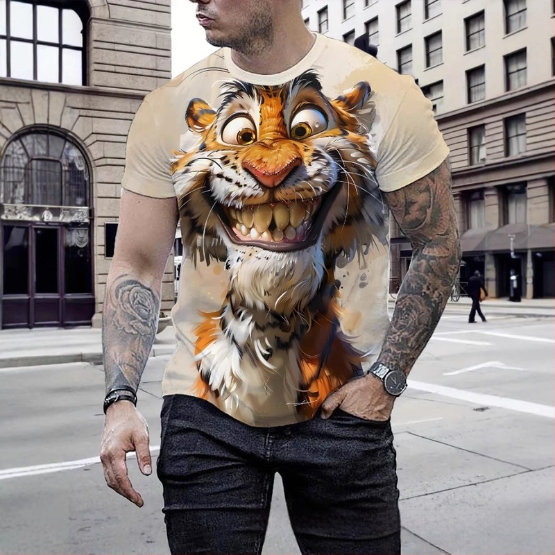 Tricou T-shirt cu imprimeu 3D animal de pluș — tigru, guler rotund, mâneci scurte, croială liberă, poliester, vară