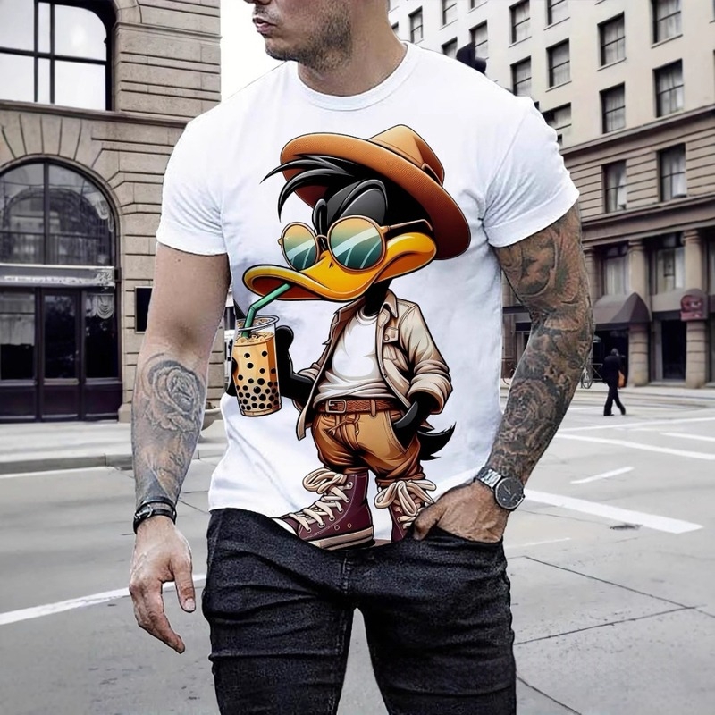 Tricou T-shirt cu imprimeu 3D animal de pluș — tigru, guler rotund, mâneci scurte, croială liberă, poliester, vară