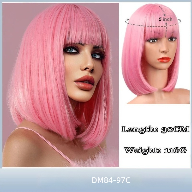 Perucă pentru femei, bob cu breton, păr scurt drept, bobo highlights, model DM84, fibre rezistente la căldură, poate fi vopsită