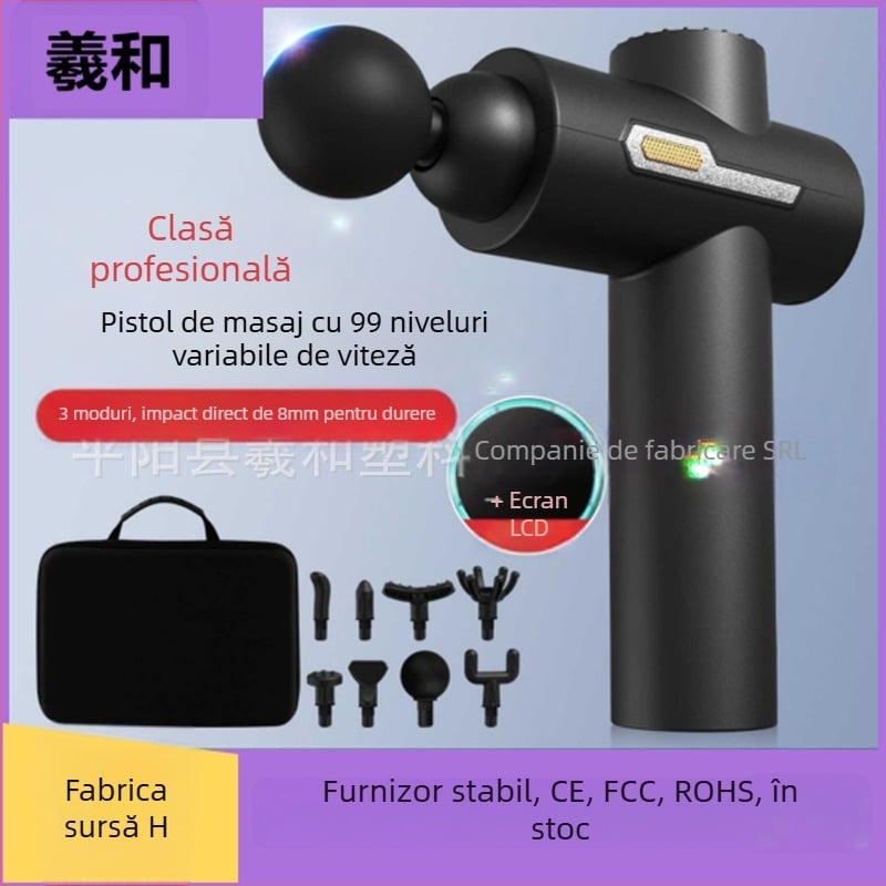 Pistol de masaj pentru gât – motor fără perii, 5+ viteze, 6+ capete, baterie încorporată 1000–1200mAh, autonomie 3–6h, zgomot redus