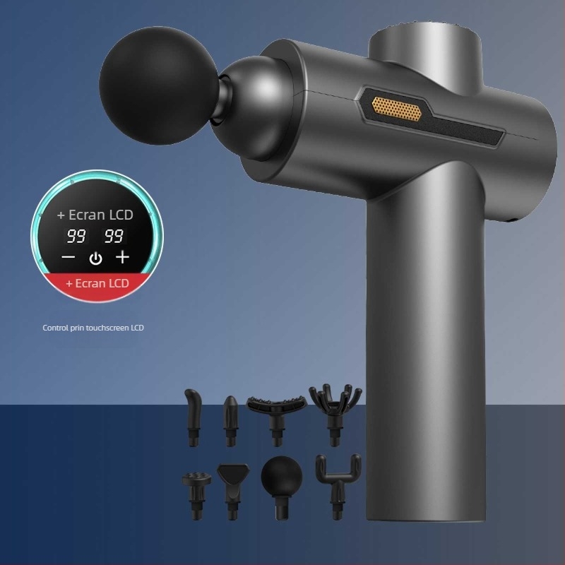 Pistol de masaj pentru gât – motor fără perii, 5+ viteze, 6+ capete, baterie încorporată 1000–1200mAh, autonomie 3–6h, zgomot redus