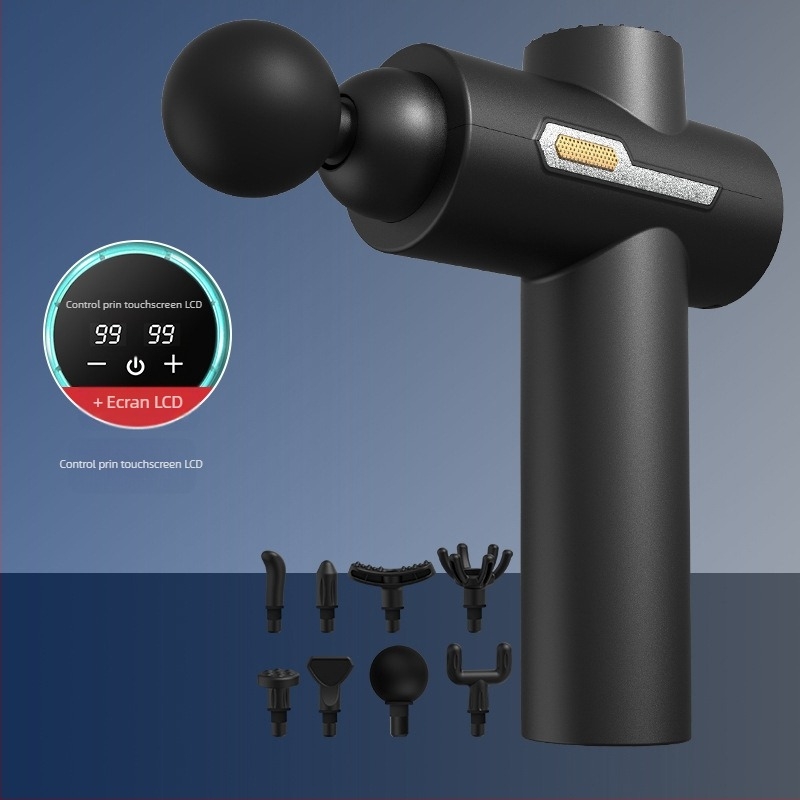 Pistol de masaj pentru gât – motor fără perii, 5+ viteze, 6+ capete, baterie încorporată 1000–1200mAh, autonomie 3–6h, zgomot redus