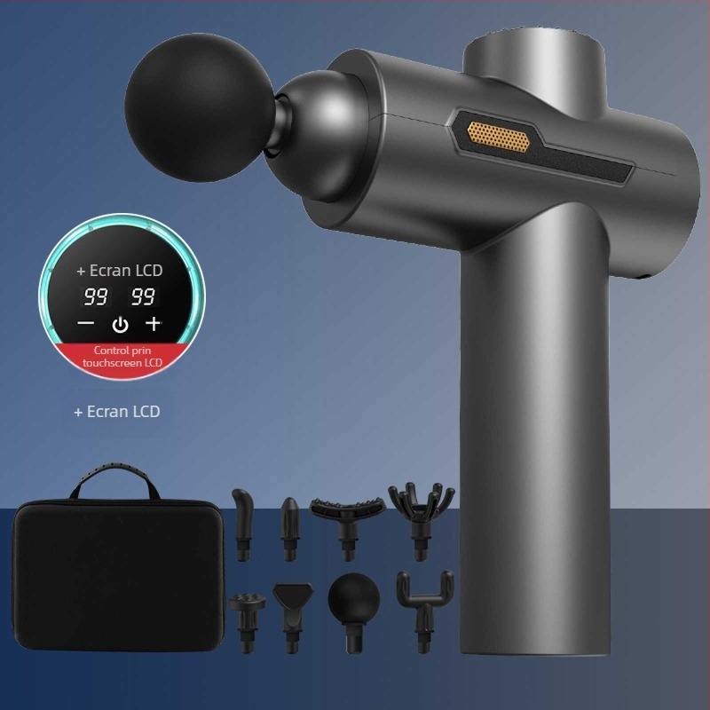 Pistol de masaj pentru gât – motor fără perii, 5+ viteze, 6+ capete, baterie încorporată 1000–1200mAh, autonomie 3–6h, zgomot redus