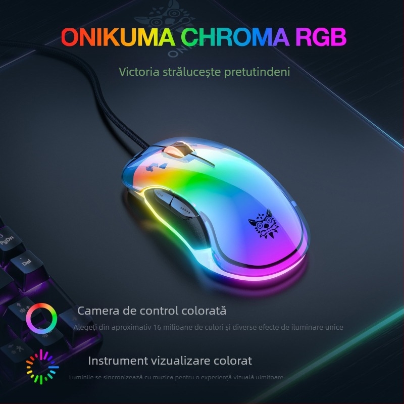 ONIKUMA mouse gaming cu fir, 12800 DPI, 7 butoane, USB, reglare rezoluție în 6 trepte, cablu de 1,6 m, design ergonomic