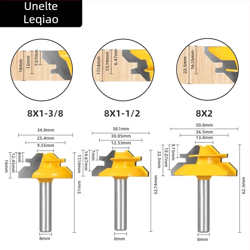 Set de freze pentru tâmplă Mortise and Tenon, 45°, trei piese, cu șuruburi 1/4 in, 8 mm și 1/2 in