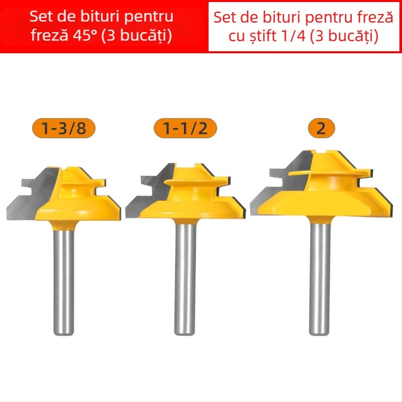 Set de freze pentru tâmplă Mortise and Tenon, 45°, trei piese, cu șuruburi 1/4 in, 8 mm și 1/2 in