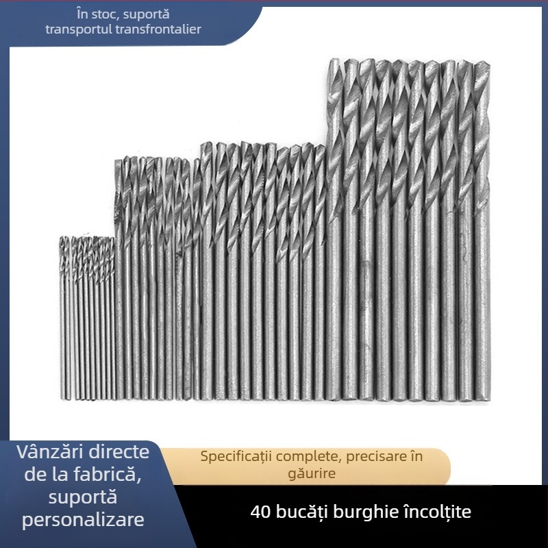 Set de burghie spiral cu ax drept, din oțel rapid, miniaturi, 40 buc.