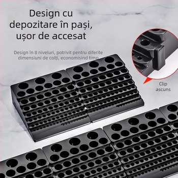 Cutie de depozitare pentru freze CNC cu rotire – ABS, cutie de piese asamblate, portabilă, pereți de 1,5 mm, interval de -10°C până la 60°C, capacitate 85 găuri pentru freze și 100 găuri pentru burghie
