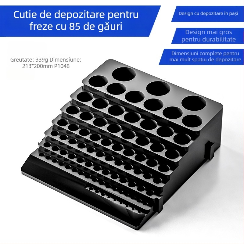Cutie de depozitare pentru freze CNC cu rotire – ABS, cutie de piese asamblate, portabilă, pereți de 1,5 mm, interval de -10°C până la 60°C, capacitate 85 găuri pentru freze și 100 găuri pentru burghie
