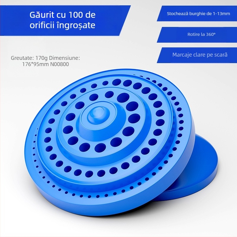 Cutie de depozitare pentru freze CNC cu rotire – ABS, cutie de piese asamblate, portabilă, pereți de 1,5 mm, interval de -10°C până la 60°C, capacitate 85 găuri pentru freze și 100 găuri pentru burghie