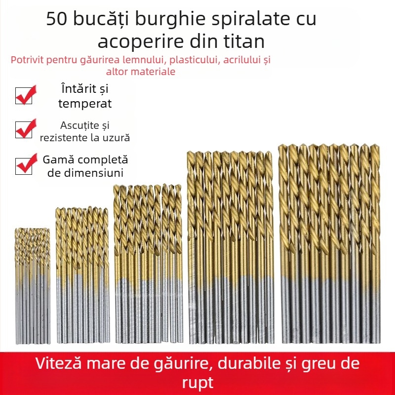 Set de burghiu spirale cu strat titan pentru lemn, 50 buc., mâner drept, pentru bormașină electrică