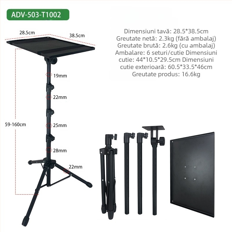Suport de proiector pe podea cu tavă, fără găuri, reglabil pe înălțime, telescopic, din diecast