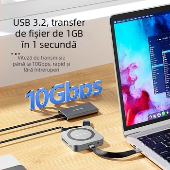 Carcasă M.2 NVMe SSD și stație de docking cu HDMI, USB-C 3.2, aliaj de aluminiu, suport până la 2 TB