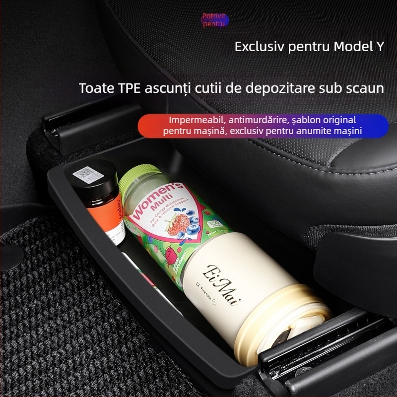 Cutie de depozitare sub banchetă pentru Tesla Model Y — organizator din plastic impermeabil pentru partea inferioară a scaunului