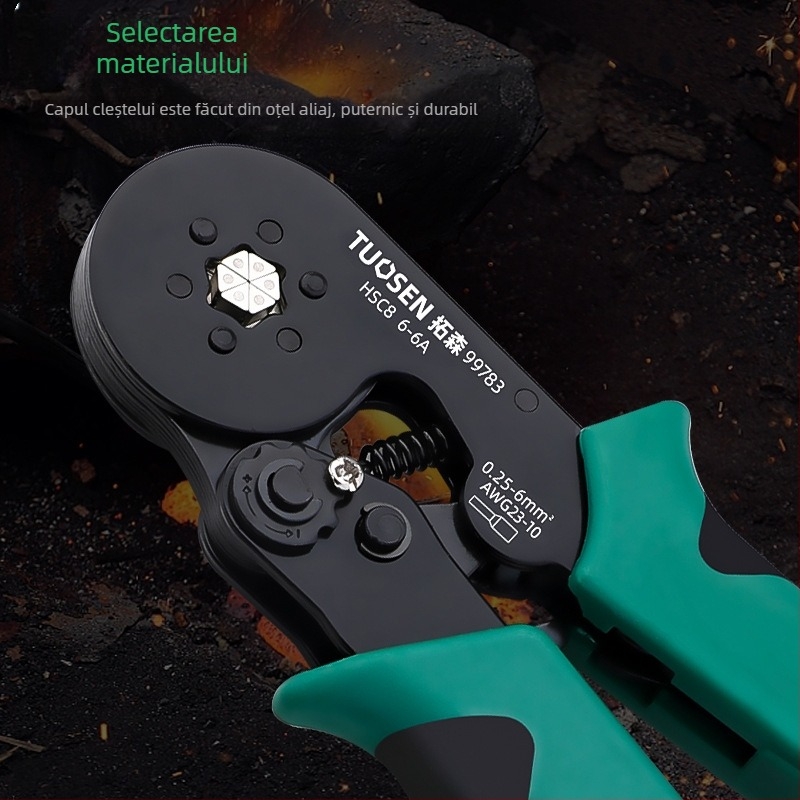 Clește crimpare pentru terminale tubulare, cablu cu formă de ac, mecanism de ratchet cu auto-revenire, oțel cu carbon înalt, greutate 0.58