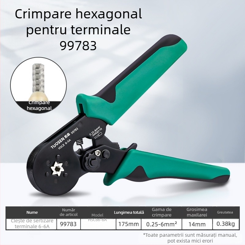 Clește crimpare pentru terminale tubulare, cablu cu formă de ac, mecanism de ratchet cu auto-revenire, oțel cu carbon înalt, greutate 0.58