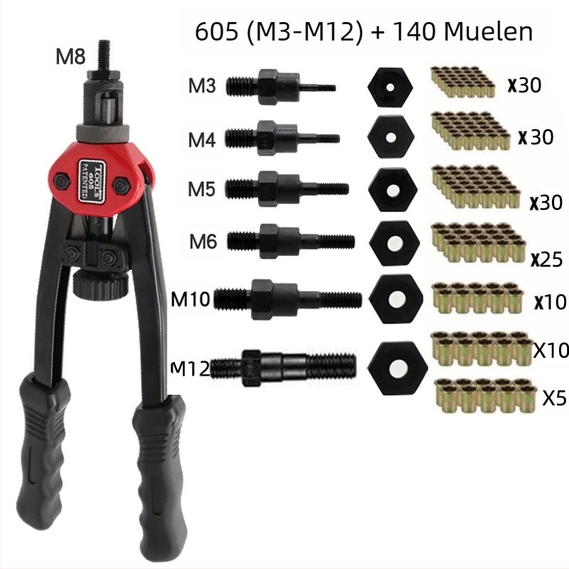 Unealtă manuală cu două mâini pentru montaj rivet nut, M3–M10, 6 capete, oțel special, Sea Flying Shark
